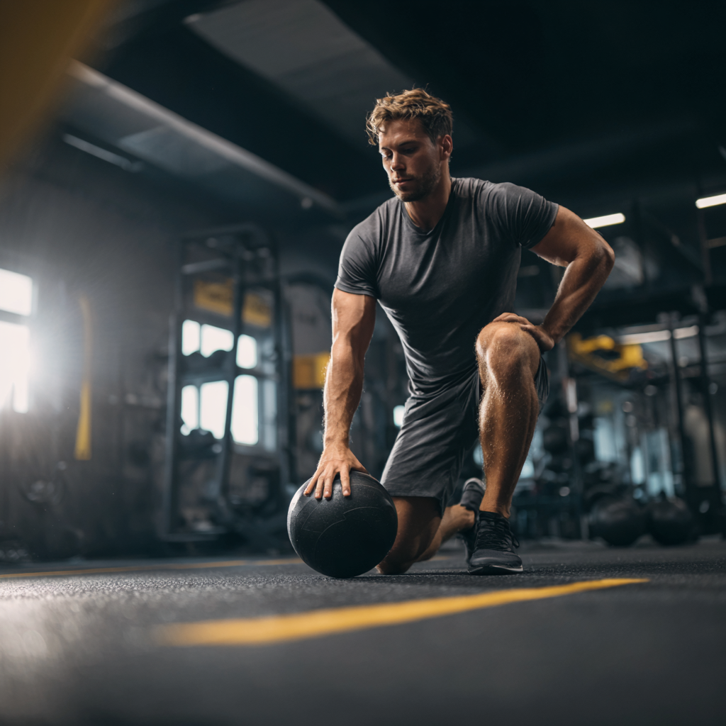 Smiling European fitness trainer demonstrating core exercises in modern gym setting