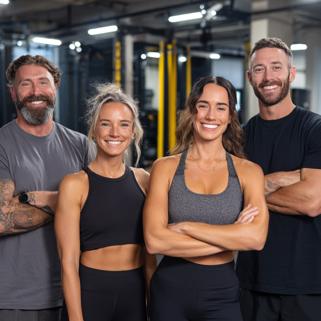 Professional European fitness team smiling together in modern training facility