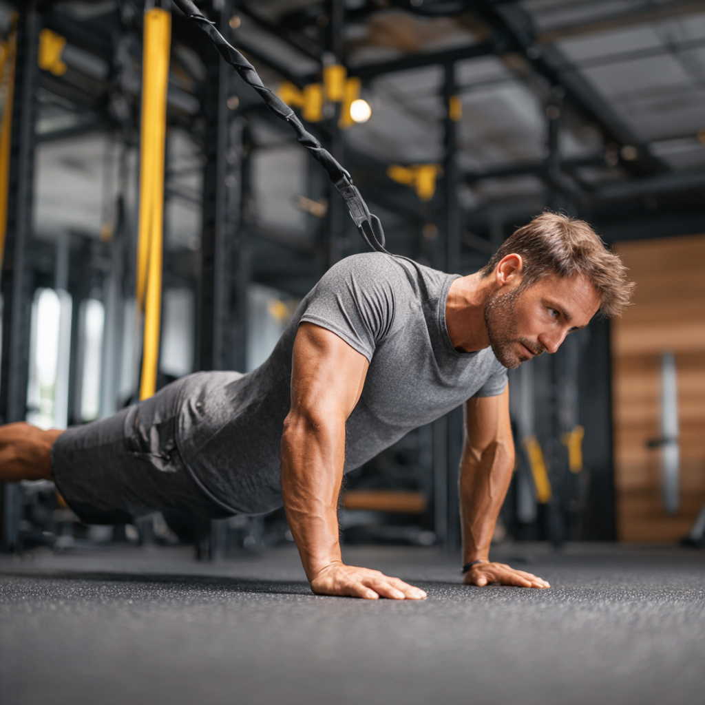 European fitness instructor demonstrating proper stretching techniques with a smile